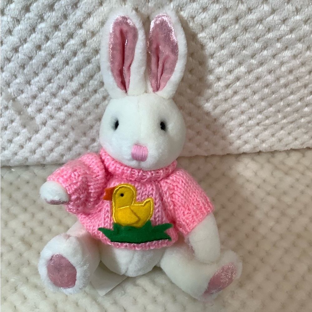Dan Dee Int Plush Jointed Bunny Rabbit Pink Knit Duck Sweater Stuffed Animal Toy